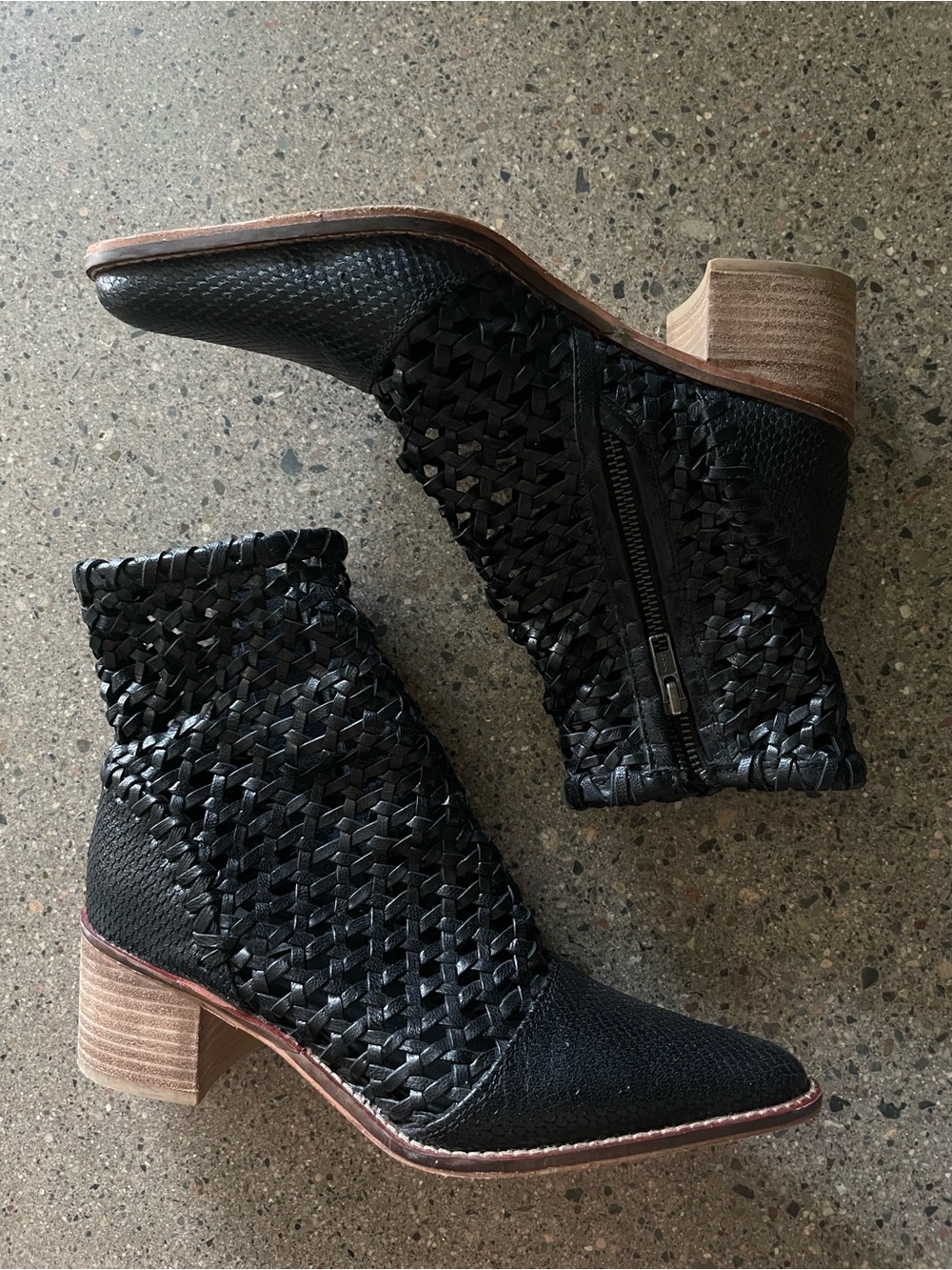Free People In the Loop Woven Leather Booties Black Pointed Toe Size 7 (37)